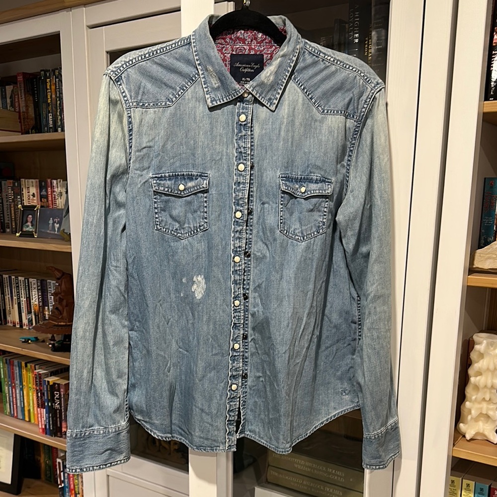 American Eagle Denim Shirt with Paisley Collar